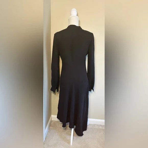 Theory 2 Black Tie Neck Drape Dress Long Sleeve Asymmetrical Hem 100% Silk - Picture 5 of 11